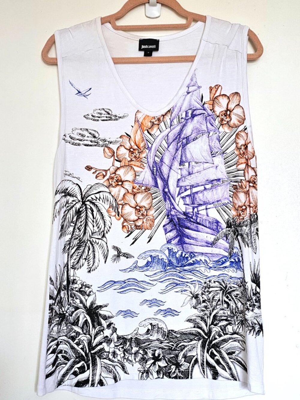 Roberto Just Cavalli Printed Floral Sailing Ship Marine Sleeveless V-Neck Top S